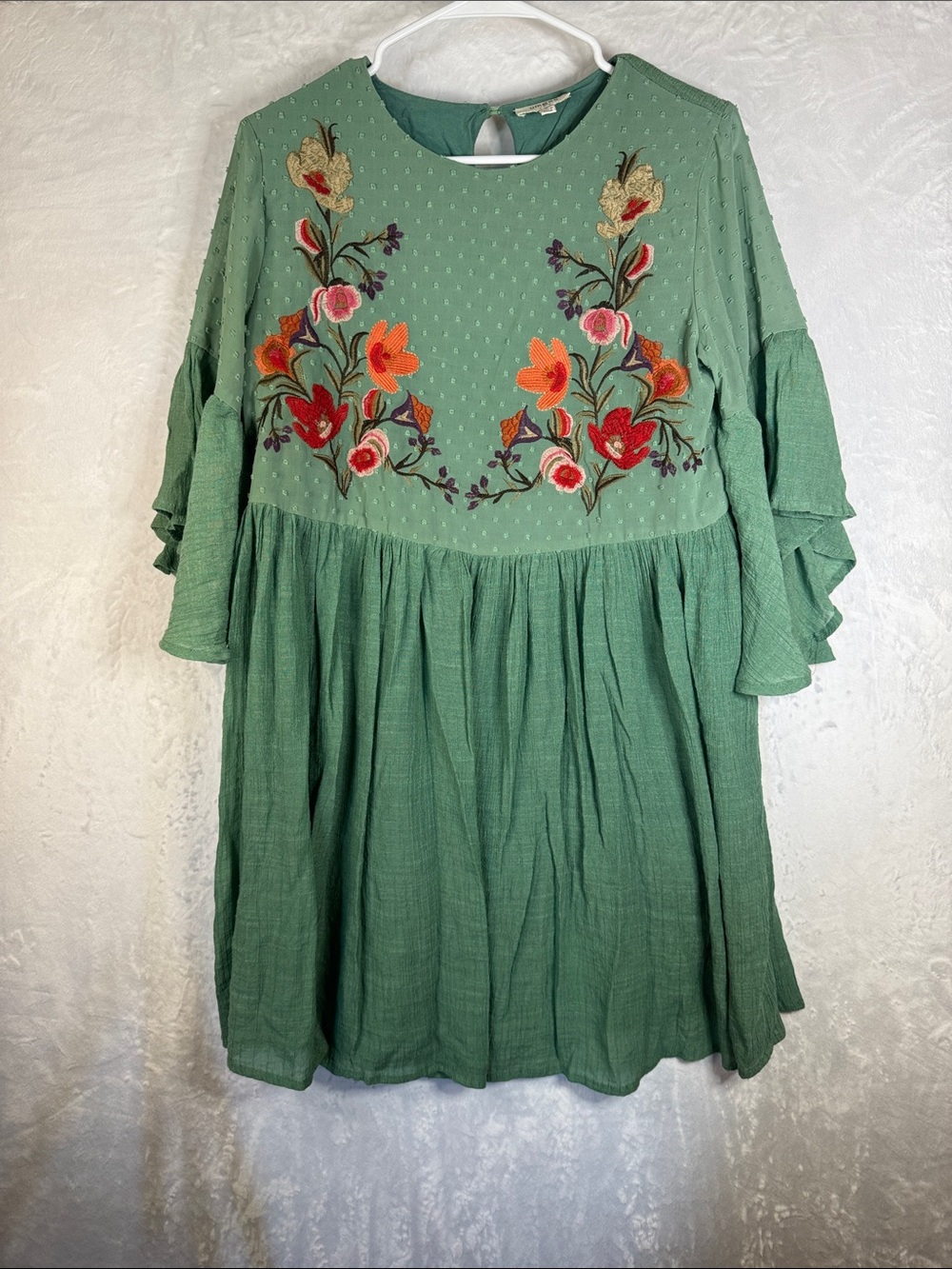 Umgee Green Embroidered Floral Babydoll Dress Small